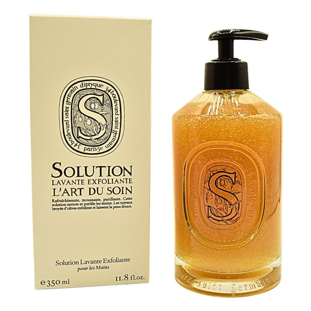 Diptyque Solution Exfoliating Hand Wash bottle on shelf, daily cleansing.