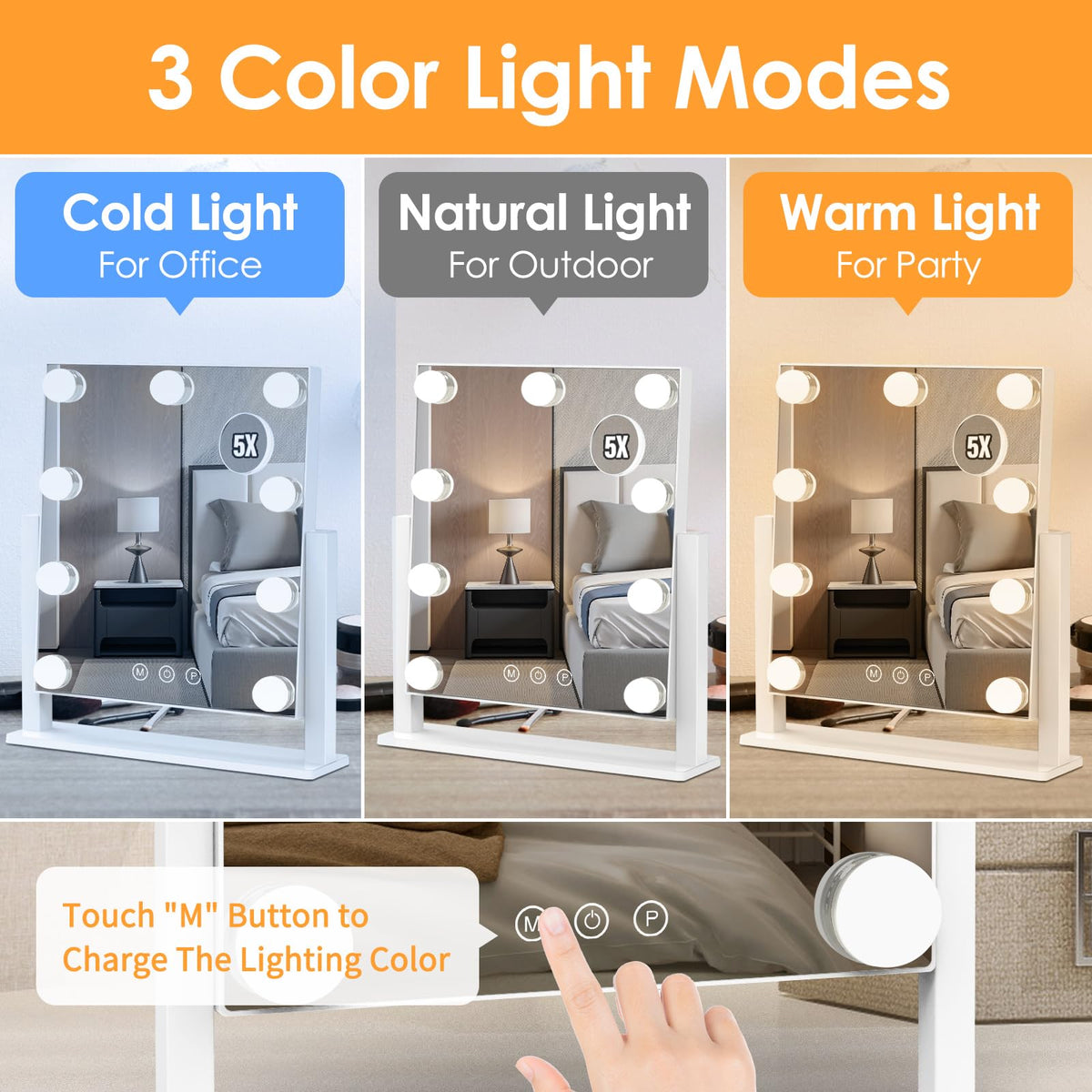 Dirket vanity mirror displays three color modes for versatile looks.