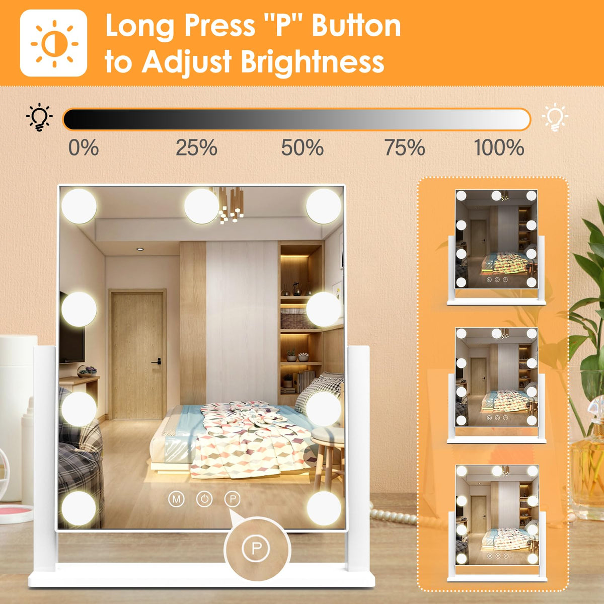 Dirket vanity mirror shows full 360° rotation for flexible angles.