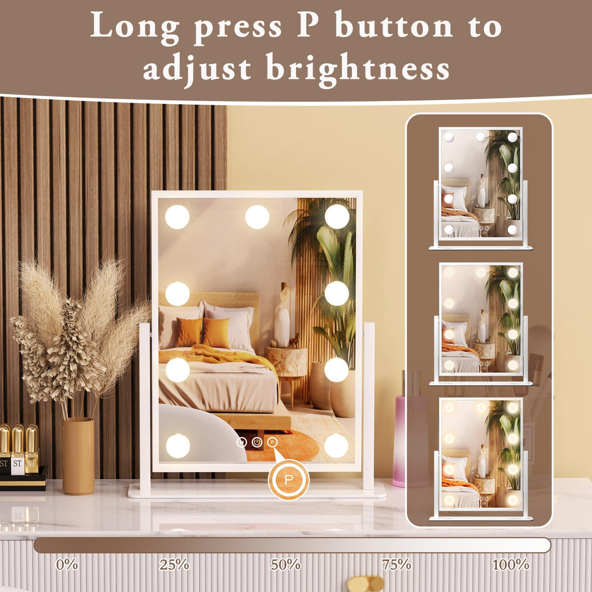 Dirket vanity mirror with lights — three color modes for different lighting.