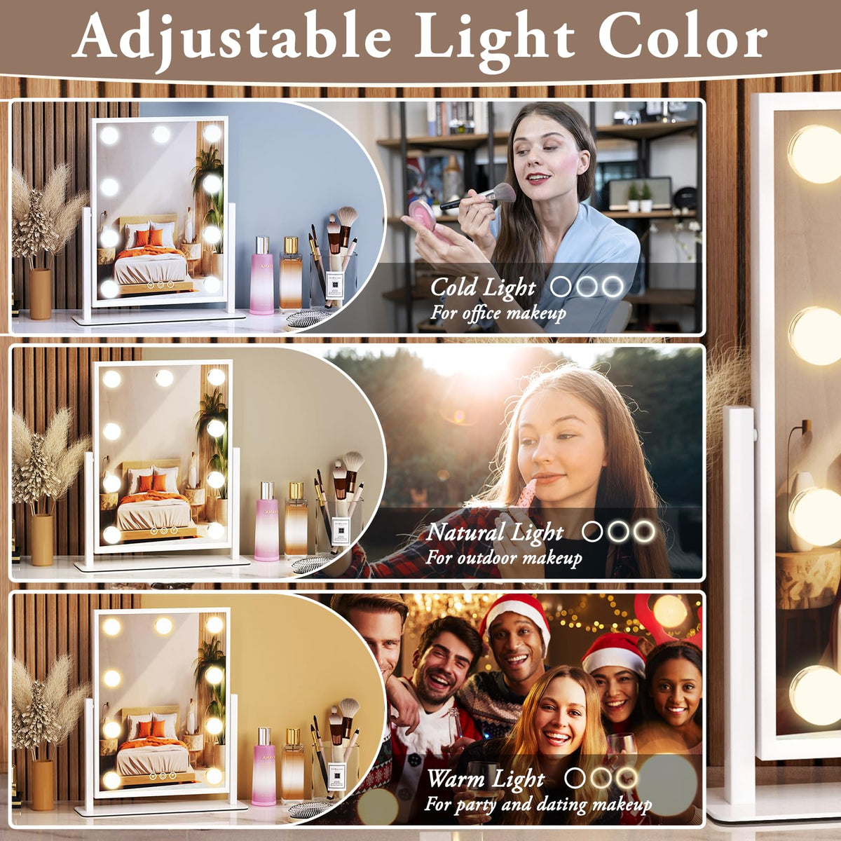 Dirket vanity mirror with lights — 360° rotation for flexible angles.