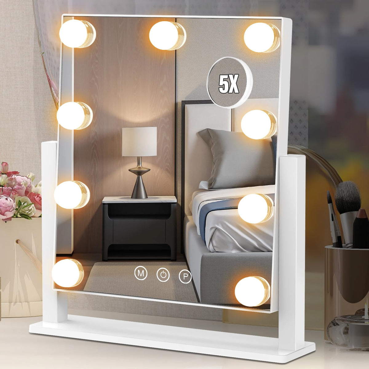 Dirket vanity mirror with lights on a dresser for flawless makeup prep.