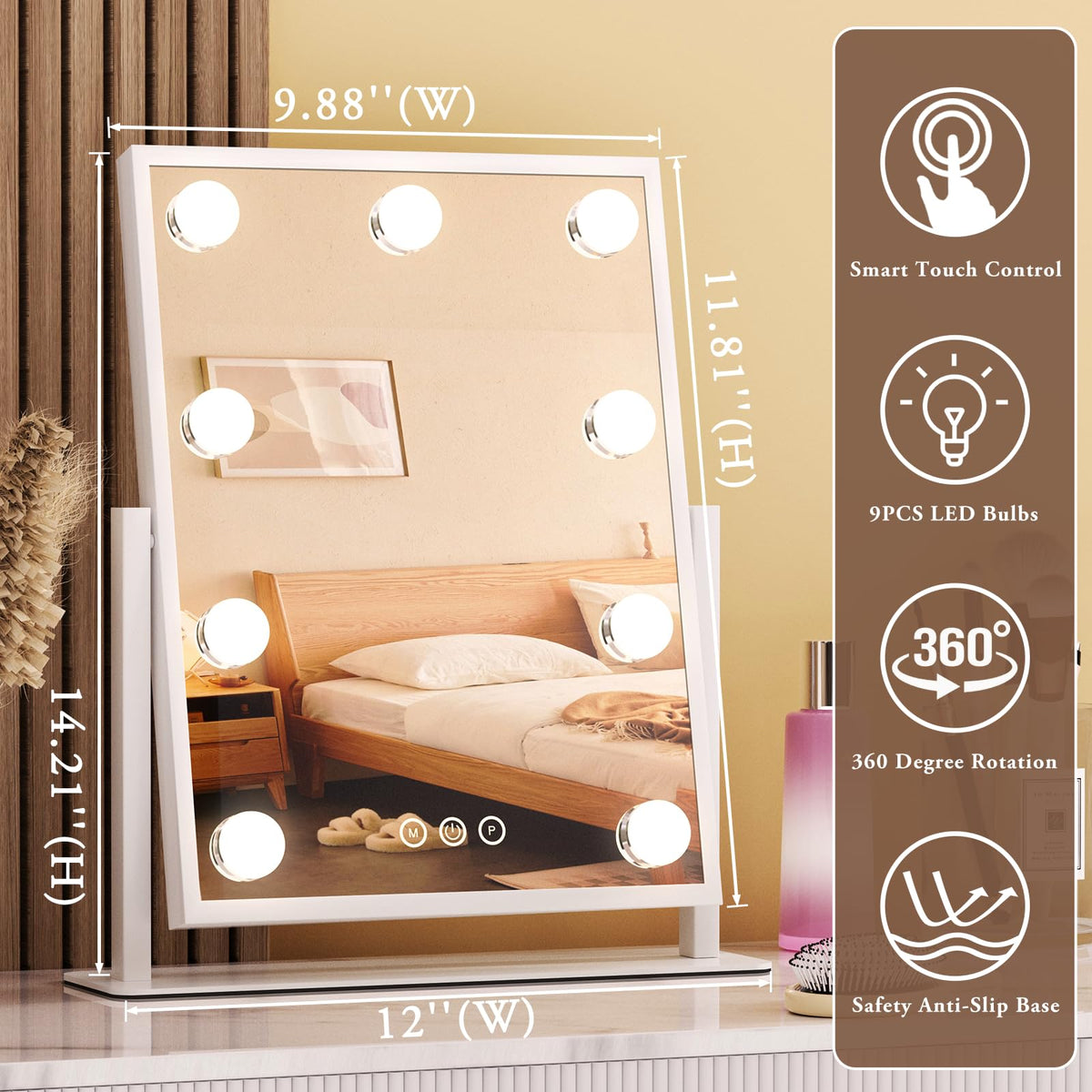 Dirket vanity mirror with lights — smart touch control and memory function.