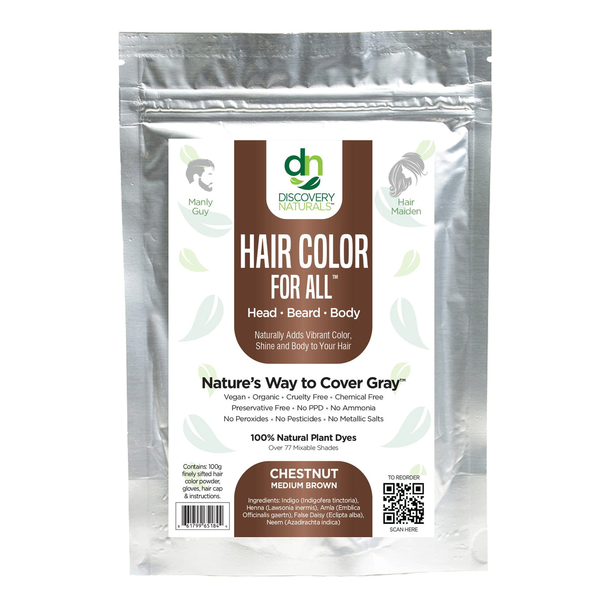 Discovery Naturals Brown Henna Kit powder jar shows chestnut shade for long-lasting color
