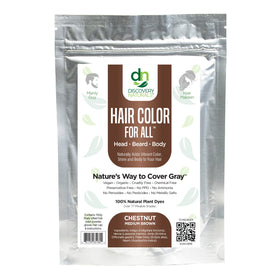 Discovery Naturals Brown Henna Kit powder jar shows chestnut shade for long-lasting color