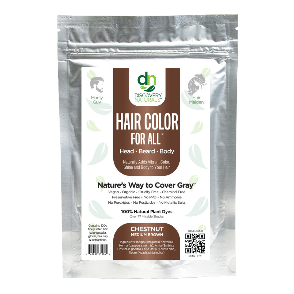 Discovery Naturals Brown Henna Kit powder jar shows chestnut shade for long-lasting color