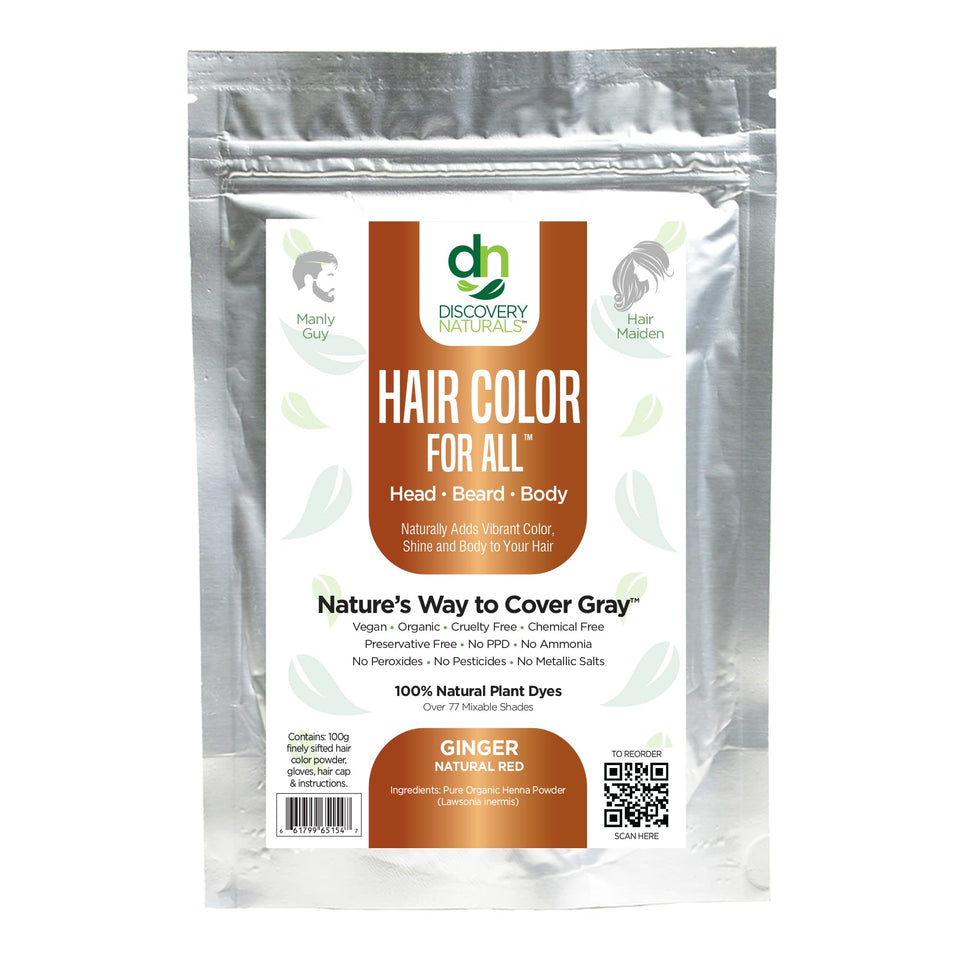 Discovery Naturals Red Henna color kit with ginger powder for vibrant, long-lasting hair color.