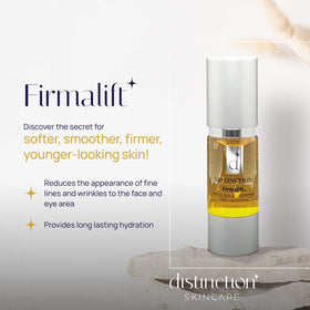 Distinction Firmalift ingredients label highlights collagen and elastisome benefits.