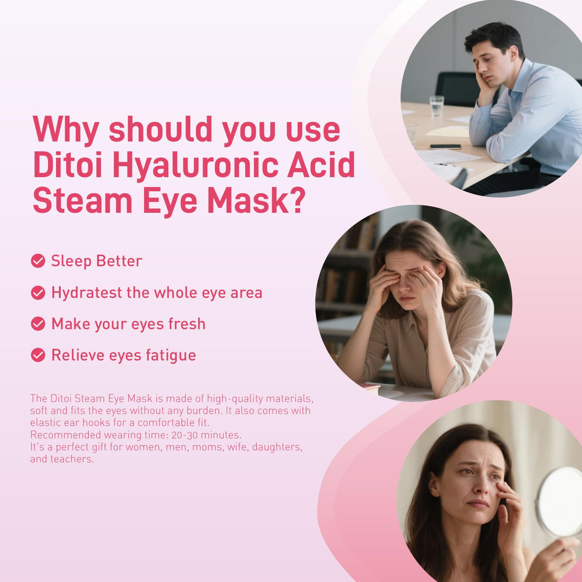 Ditoi Steam Eye Mask Rose hyaluronic formula enhances moisture during use.