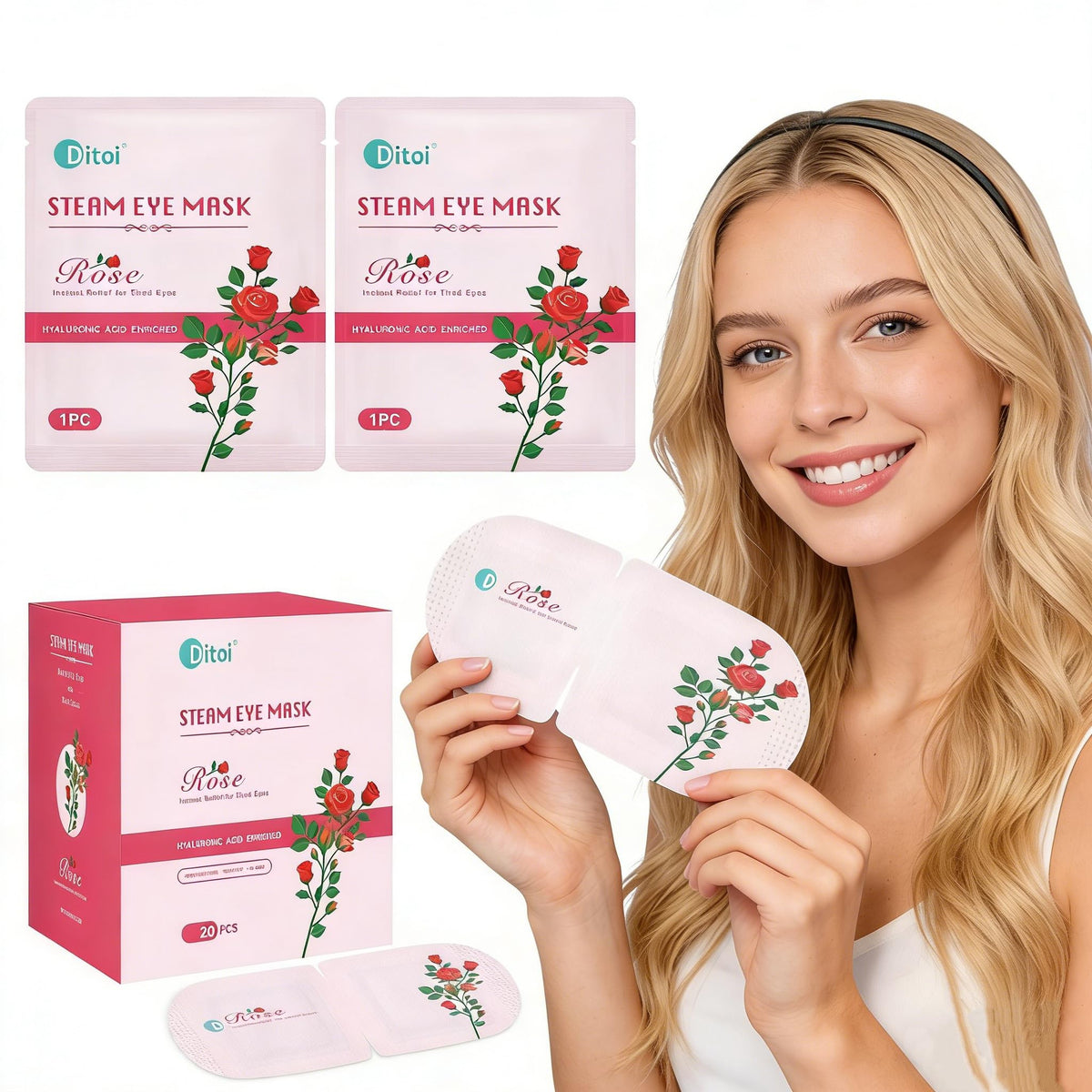 Ditoi Steam Eye Mask Rose packaging showing convenient individually wrapped packs for on-the-go relaxation.