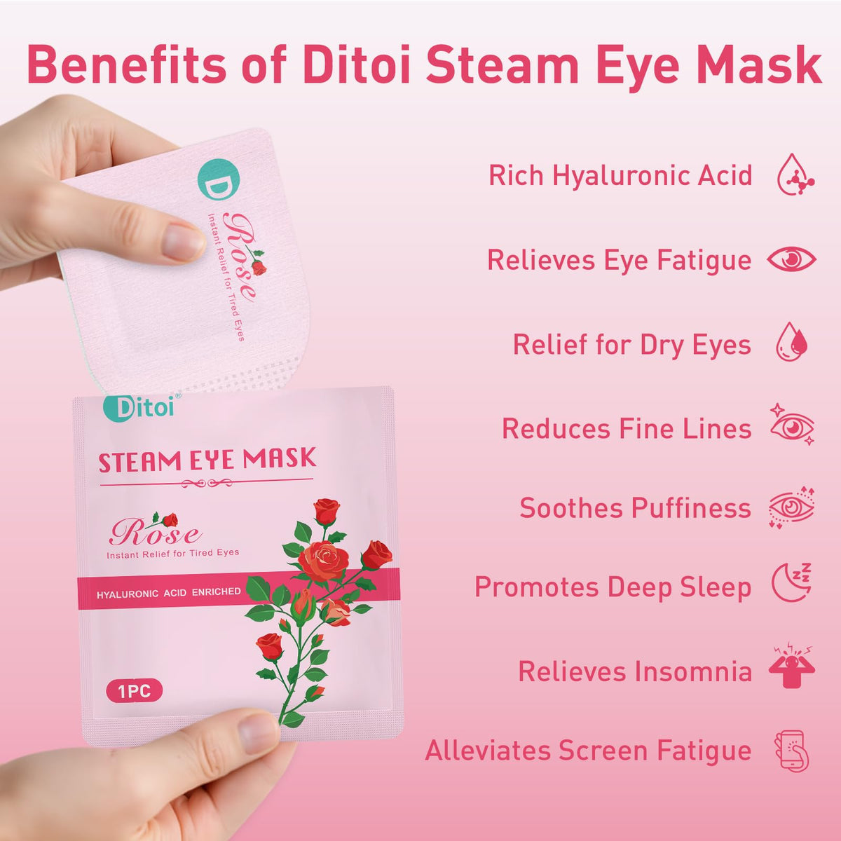 Ditoi Steam Eye Mask Rose wearing provides gentle warmth for quick eye relaxation after screen time.