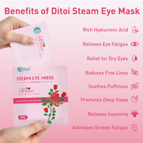 Ditoi Steam Eye Mask Rose wearing provides gentle warmth for quick eye relaxation after screen time.