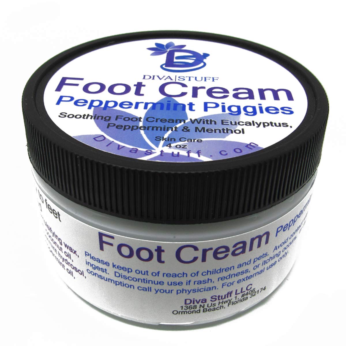 Diva Stuff Peppermint Piggies cream jar shows rich, moisturizing texture for feet
