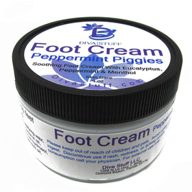 Diva Stuff Peppermint Piggies cream jar shows rich, moisturizing texture for feet