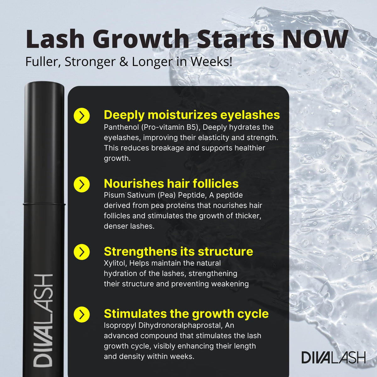 Lashes appear longer with Divalash growth serum over time