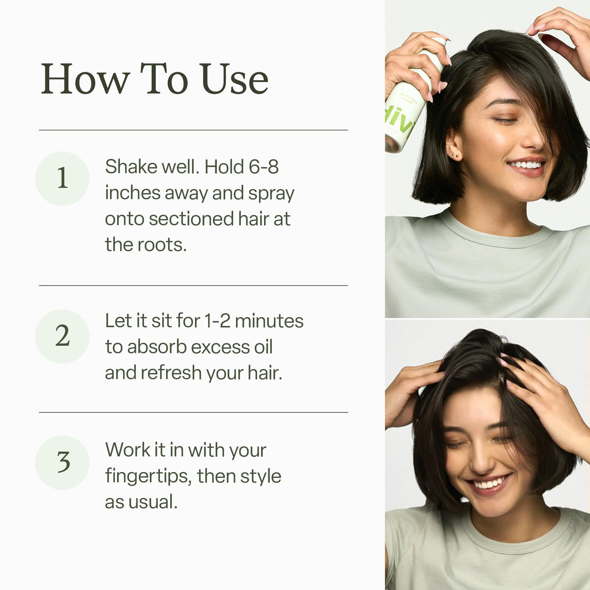 Divi dry shampoo spray works for all hair types with no visible residue.