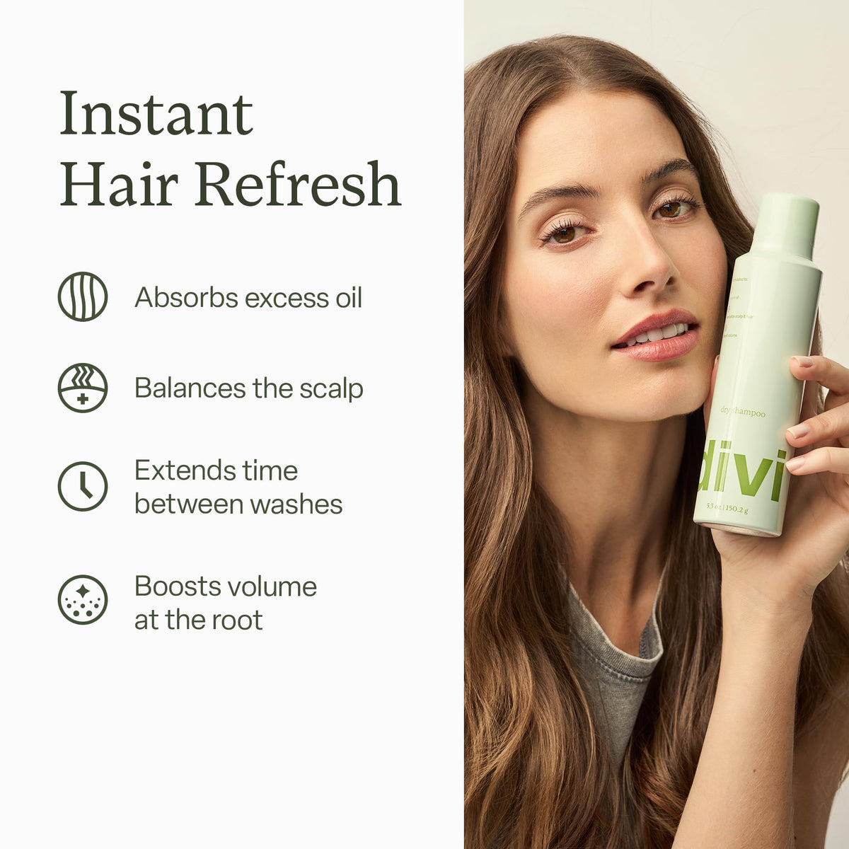 Divi dry shampoo spray adds natural volume and bounce.