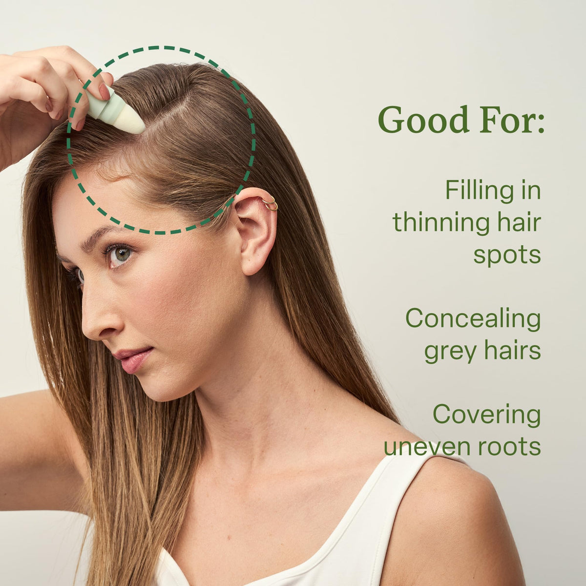 Divi Root Touch-Up Powder closeup texture reveals a smooth, buildable powder on hair roots.