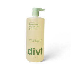 Divi Volumizing Shampoo bottle pouring for a lightweight cleanse on fine hair