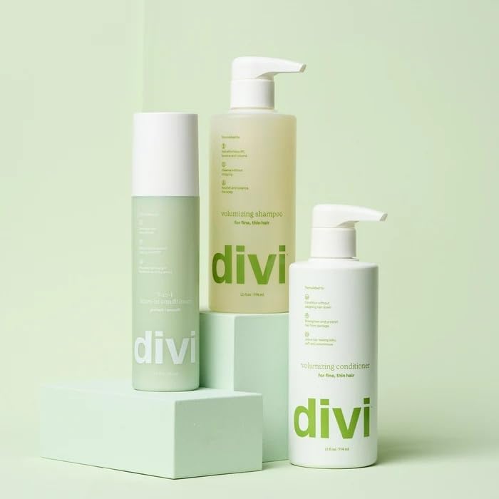 Divi volumizing conditioner label notes vegan and paraben-free ingredients.