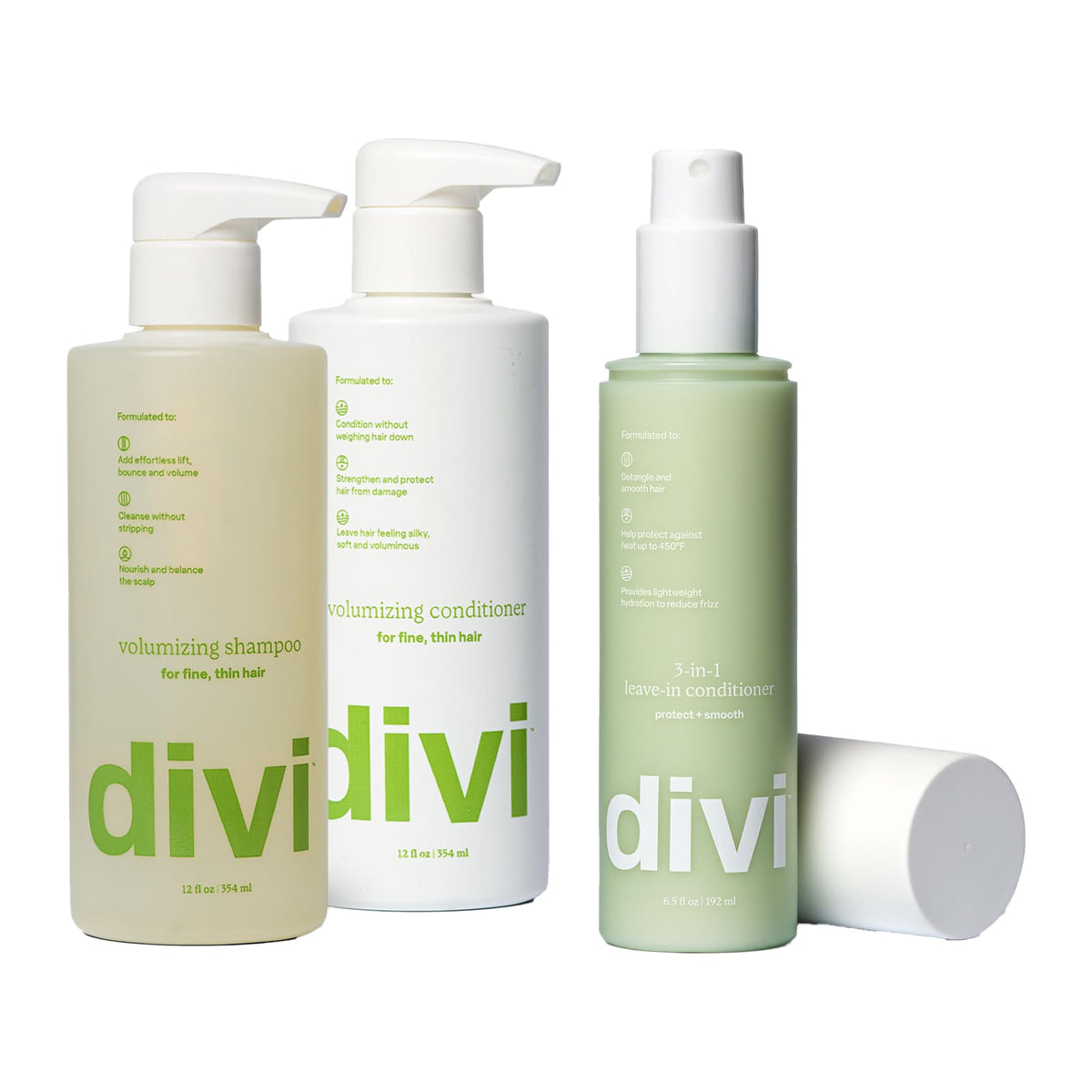 Divi volumizing shampoo bottle boosts lift for fine hair.