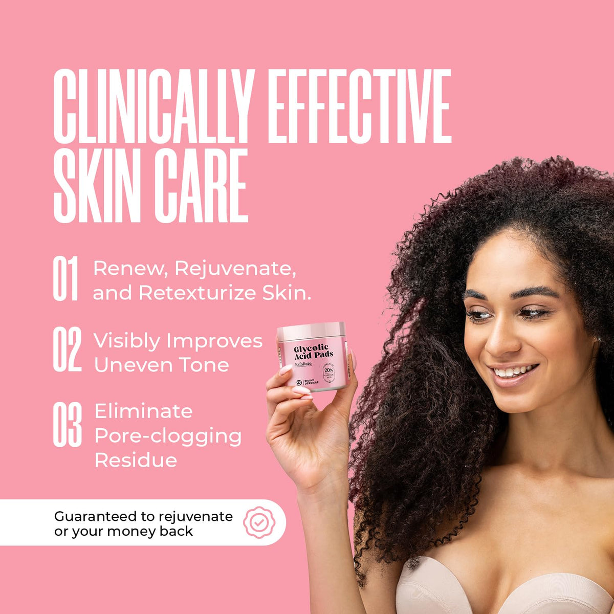 Divine Derriere glycolic pads 50-count jar showcases convenient nightly facial peeling.