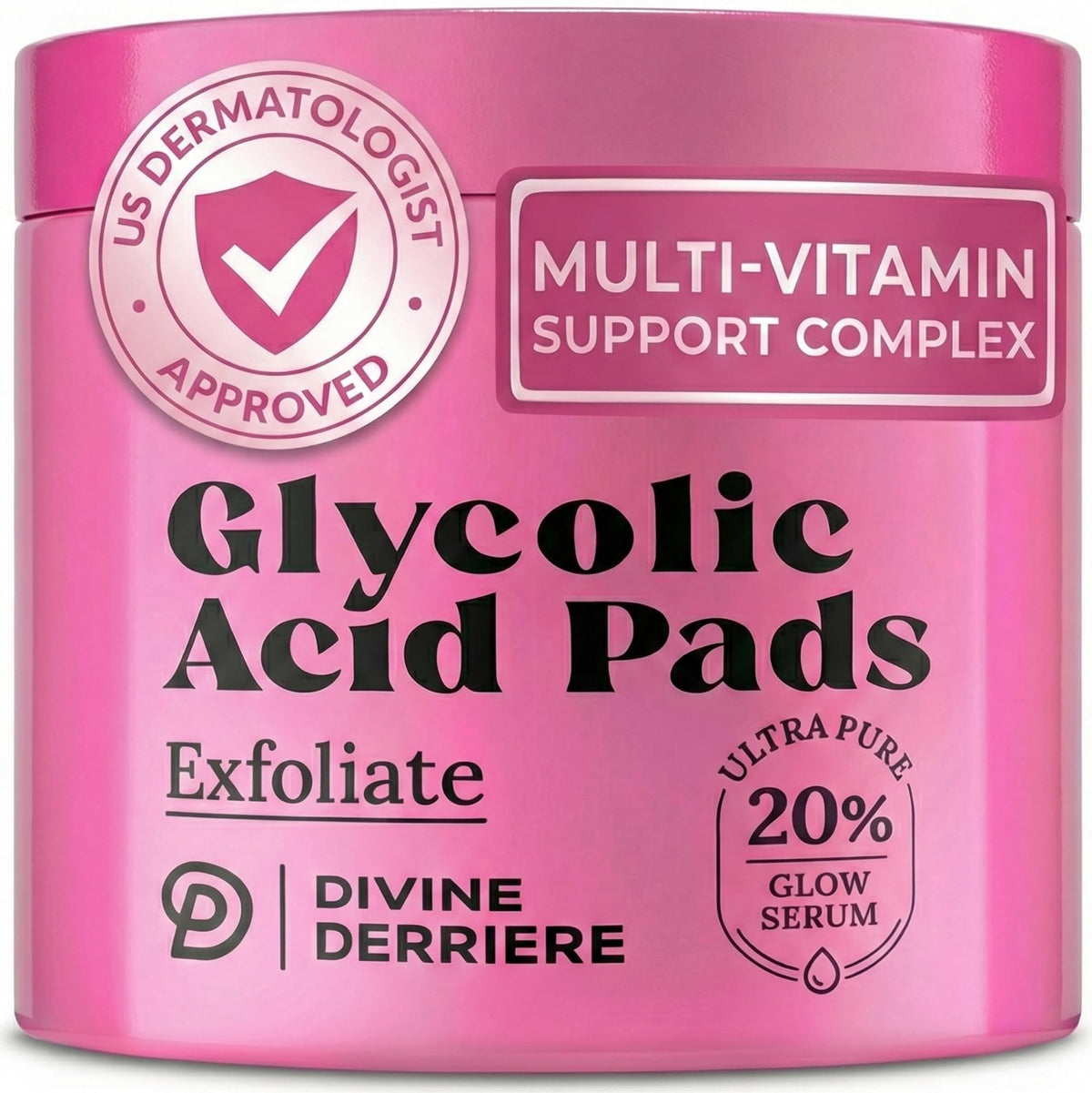 Divine Derriere glycolic pads glow bottle demonstrates brightening exfoliation for radiant skin.