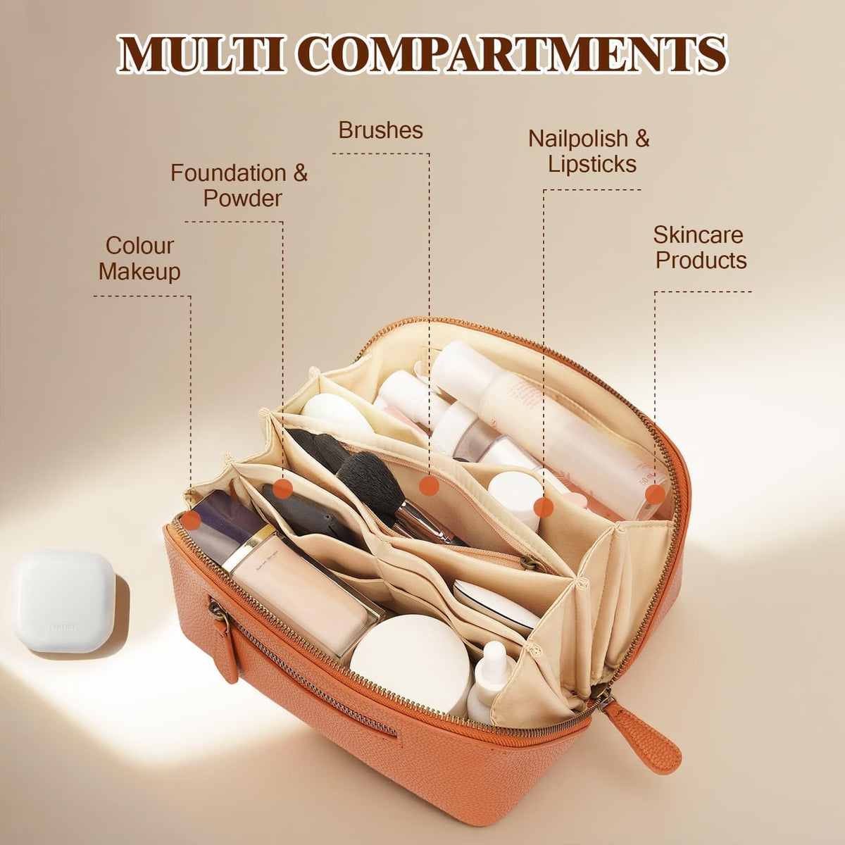 Divvia travel makeup bag fully open view in brown showing layout