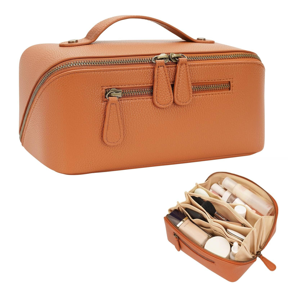 Divvia travel makeup bag open flat with divider for organized cosmetics