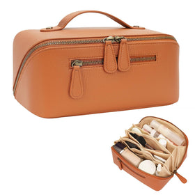 Divvia travel makeup bag open flat with divider for organized cosmetics