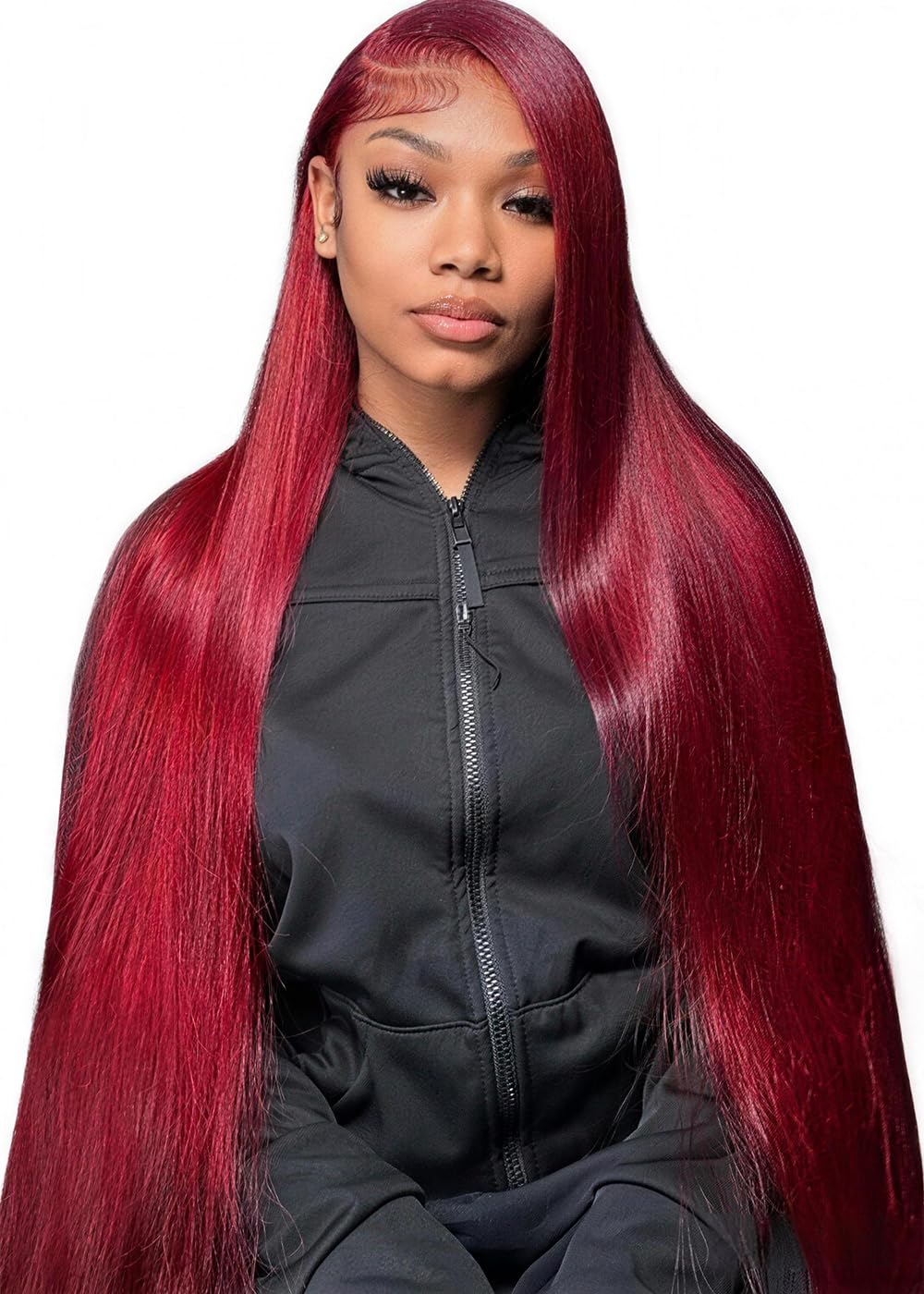 DJFG Burgundy Wig 32in front view with 200 density for dramatic length.