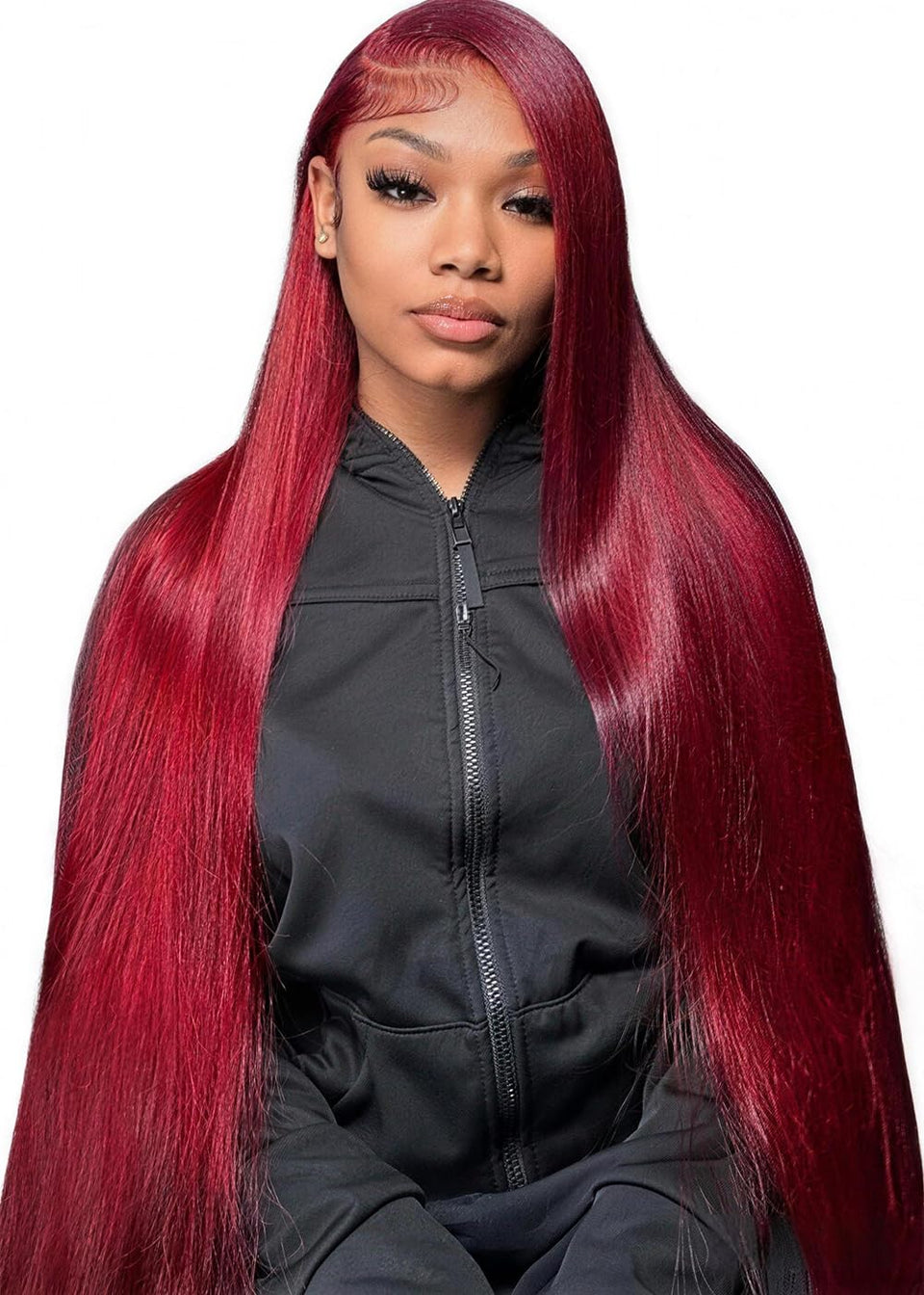 DJFG Burgundy Wig 32in front view with 200 density for dramatic length.