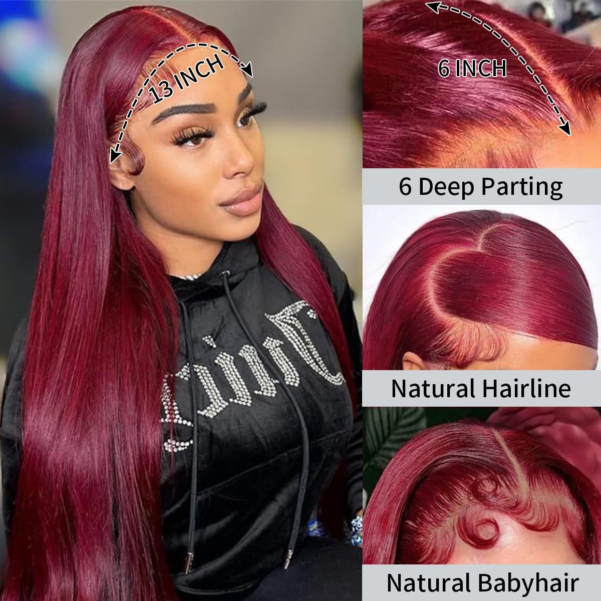 DJFG Burgundy Wig glueless band provides secure wear without glue.