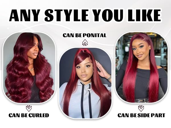 DJFG Burgundy Wig straight ponytail demonstrates versatile styling possibilities.