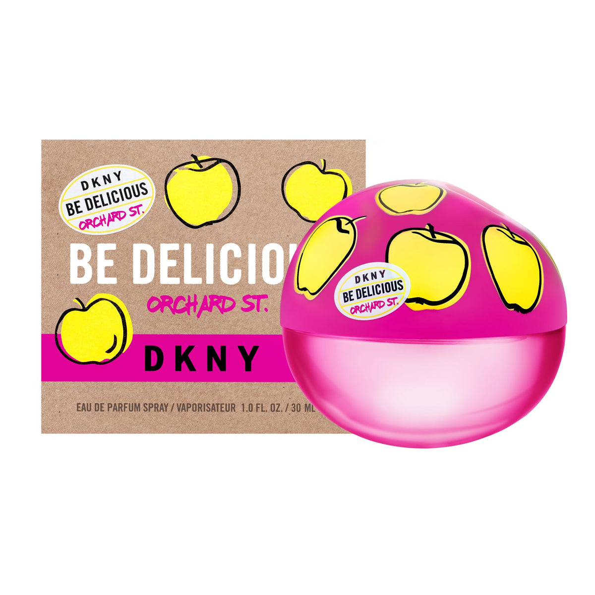 DKNY Be Delicious Orchard St bottle cap closeup with pink accents