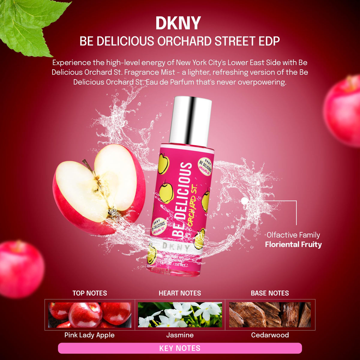 DKNY Be Delicious Orchard St fragrance mist applied to pulse points for lasting scent.