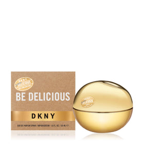 DKNY Golden Delicious perfume bottle front view showing elegant design and white floral notes