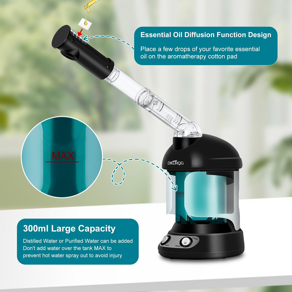DKURQG 360-degree sprayer provides versatile facial mist delivery.
