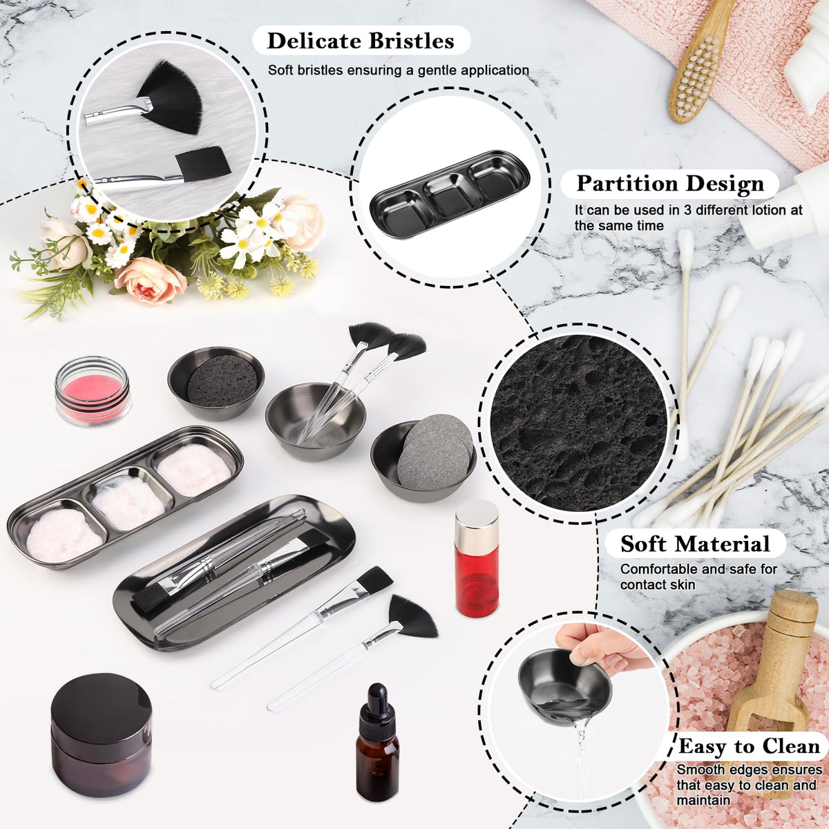 DLUGOPIS esthetician facial flat brushes for controlled blending of serums and creams.