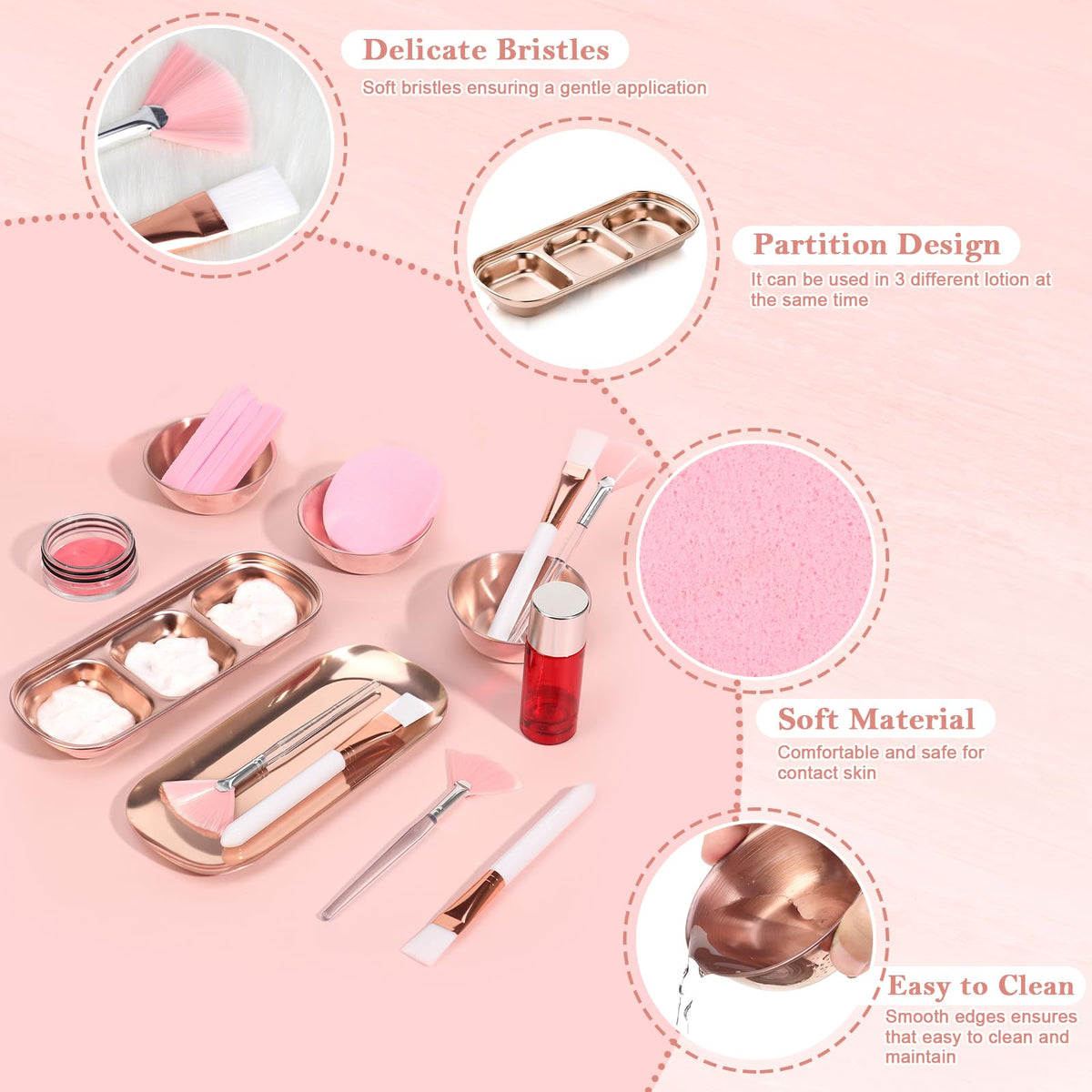 DLUGOPIS rose gold flat brush for even cream and serum distribution.