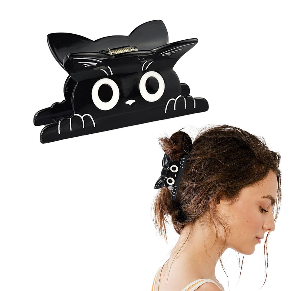 DMJHJY cat hair claw clip black close-up showing secure grip and style