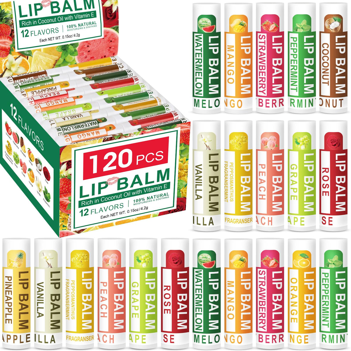 DMSKY lip balm 120-pack with 12 flavors for bulk gifting and stocking.