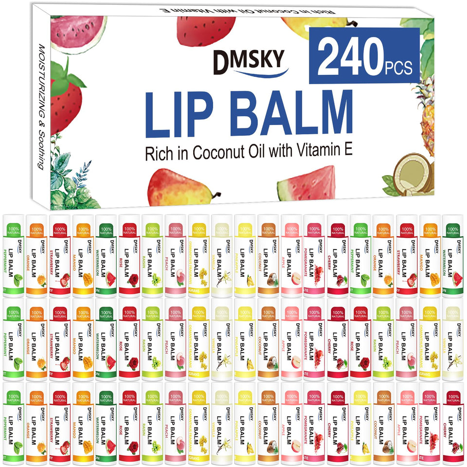 DMSKY Lip Balm 240-pack with 12 flavors for bulk gifting and daily moisture