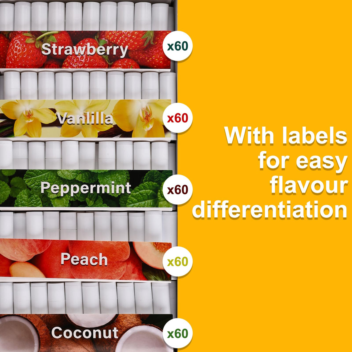 DMSKY lip balm five-flavor pack showcases Peach, Mint, Strawberry, Coconut, Vanilla