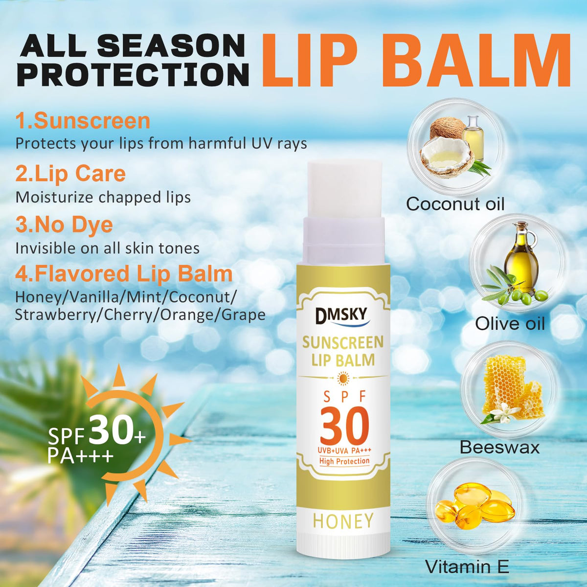 Dmsky lip balm featuring coconut oil for moisturizing care.