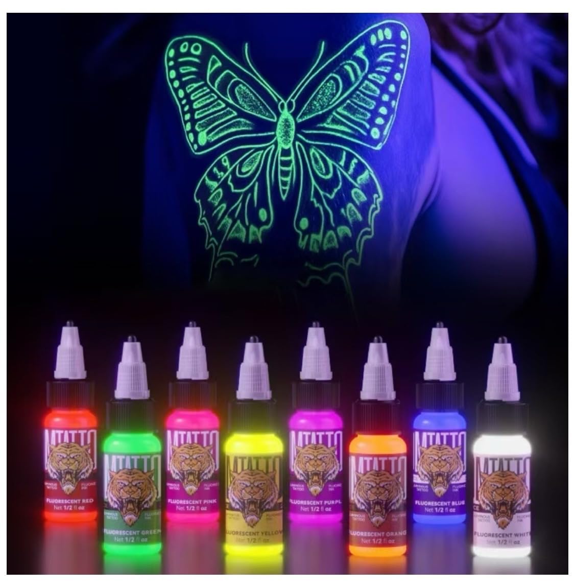 DMTATTOO fluorescent ink blue bottle glowing under UV for bold designs