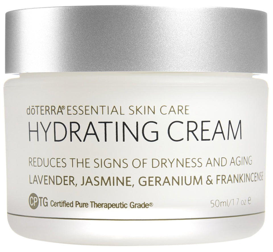 doTERRA Hydrating Cream jar close-up shows rich moisture for mature skin.
