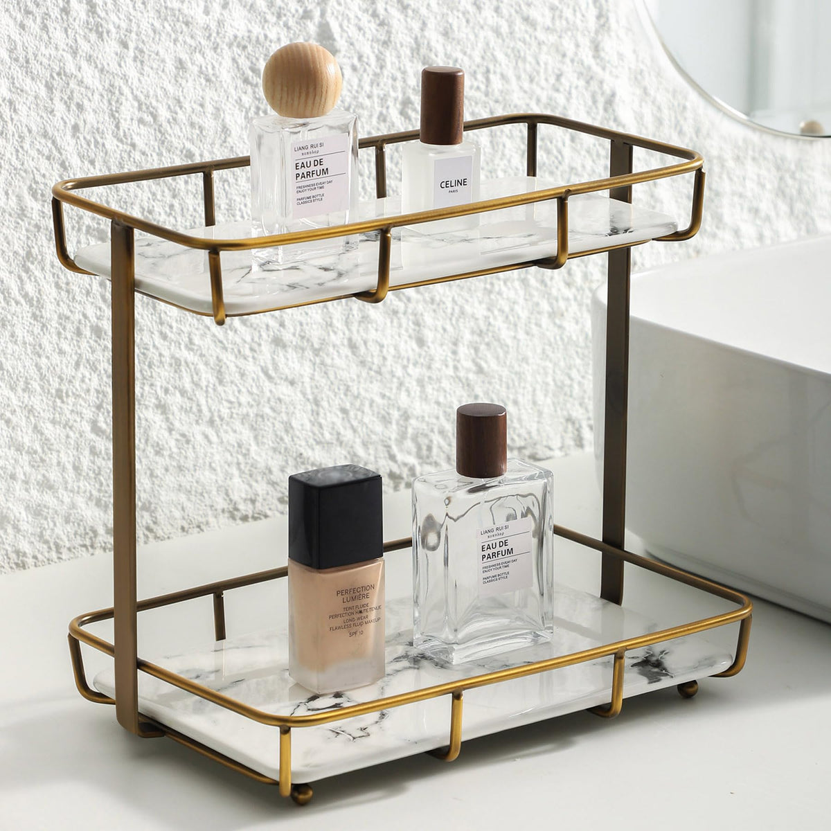 Dobbyby bathroom organizer on countertop, front view, keeps cosmetics within reach.