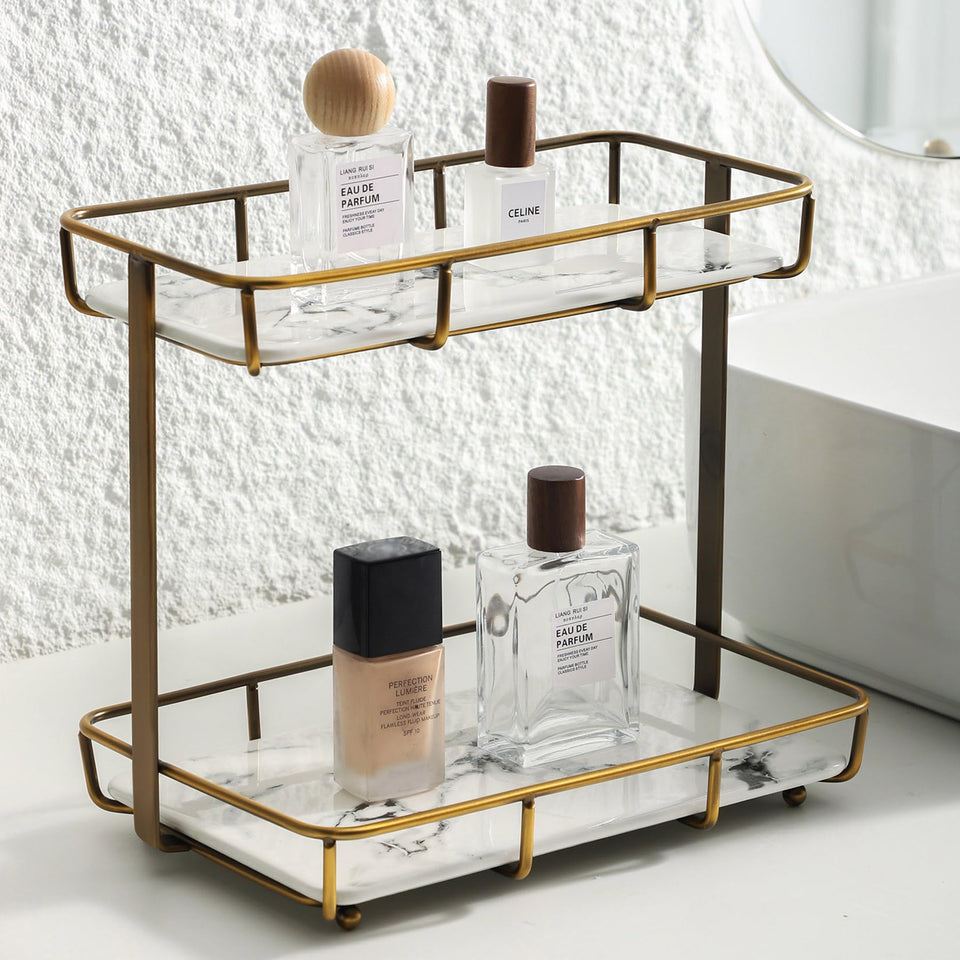 Dobbyby bathroom organizer on countertop, front view, keeps cosmetics within reach.