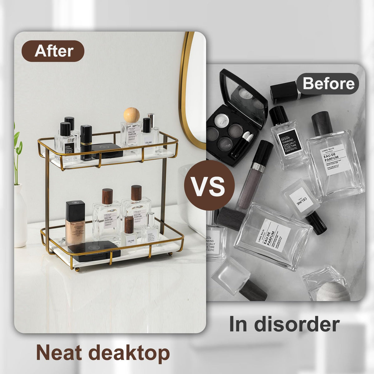 Dobbyby stainless steel frame with gold finish, durable bath organizer.